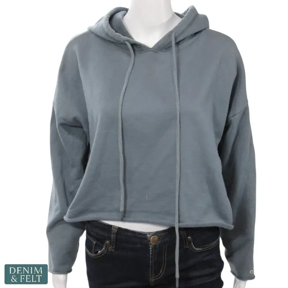 Alo Yoga Cropped Hoodie Blue Gray Drawstring Athleisure Lounge‎ Sweatshirt Cozy